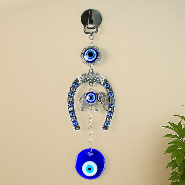 Decorative Evil Eye Hanging with Elephant and Horseshoe Motif, Wind Chime (1 Pc)