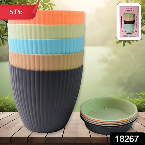 Round Plastic Flower Pot with Bottom Tray (5 Pcs Set / With Color Box)